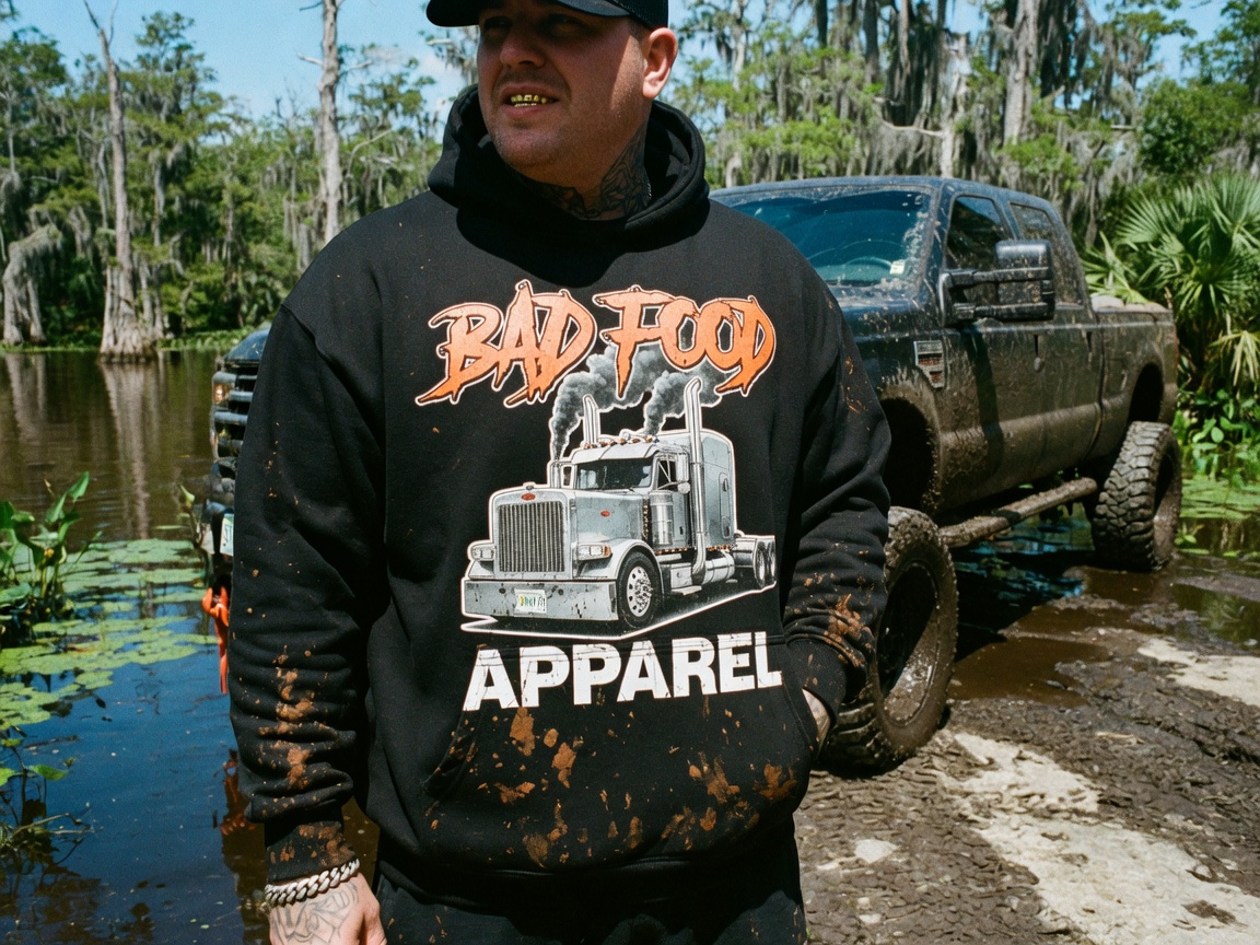 BAD FOOD APPAREL — loud distressed typography with ketchup drips